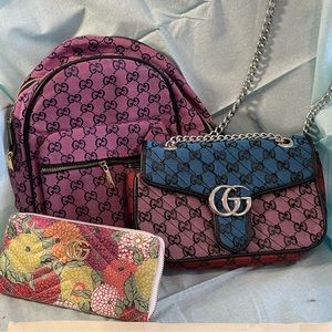 Colorful three piece bag/wallet set.